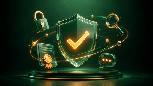 Illustration of safety and trust at an online casino: a shield with a tick, a padlock and a seal of approval